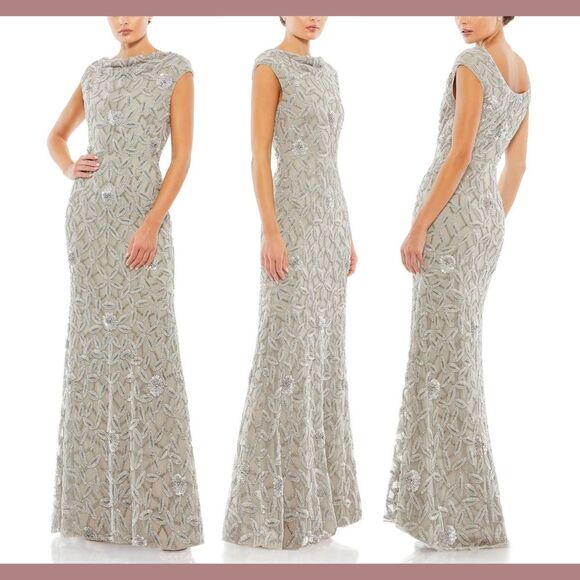 NWT $598 Mac Duggal [ 4 ] 93537 Cowl Neckline Floral Embellished Gown Grey #J304 - Picture 2 of 14